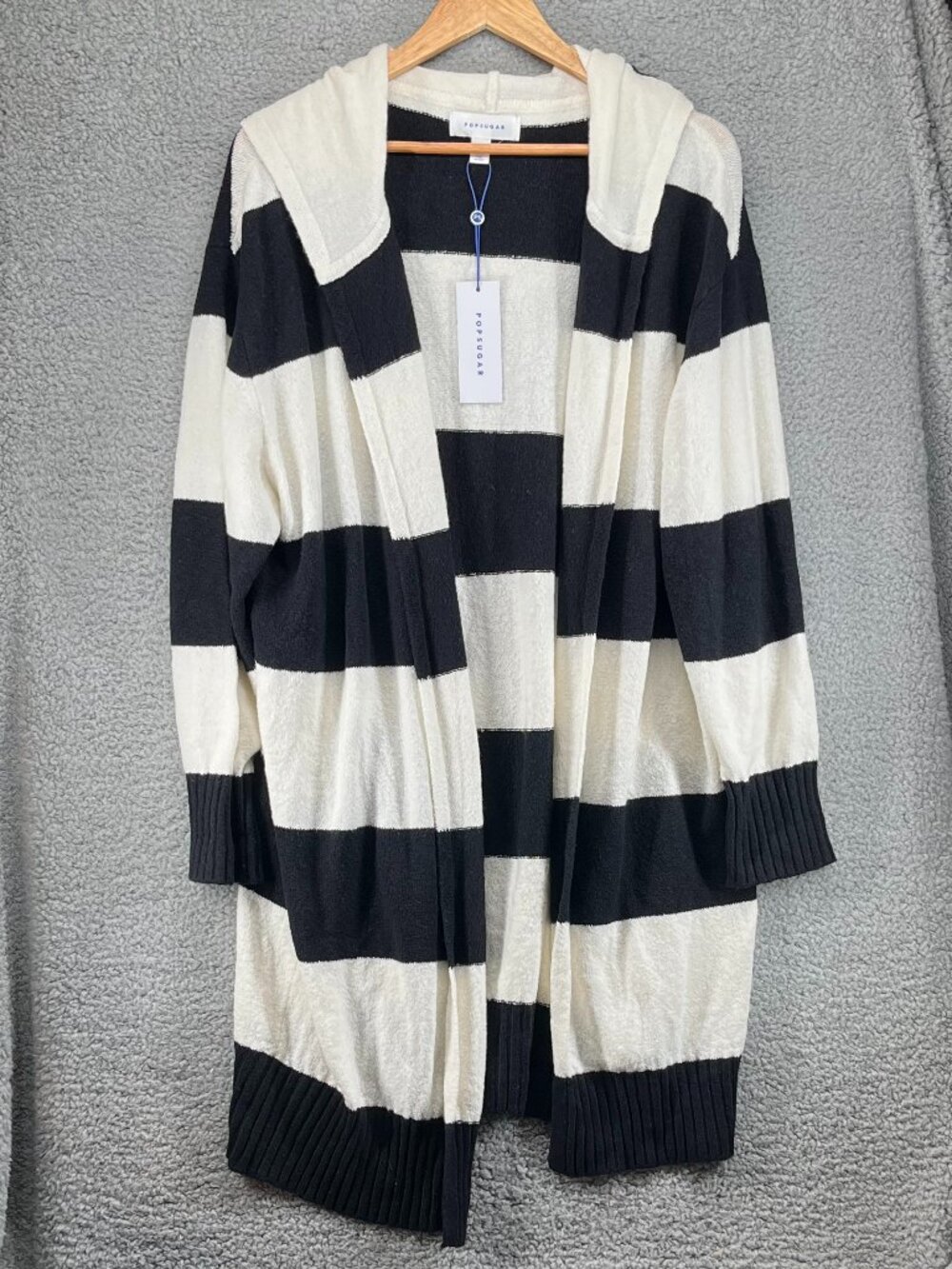 POPSUGAR Black White Stripe Long Sweater Hoodie Cardigan Duster sz OX (XL) NWT